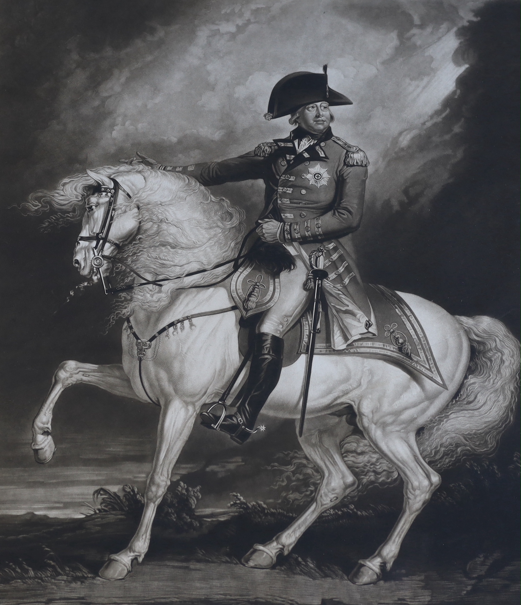 James Ward after Sir William Beechey, proof mezzotint, 'His Most Gracious Majesty George III on his favourite charger', published by J.P. Thompson 1811, visible sheet 73 x 56.5cm, maple framed